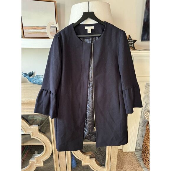 H&M Flounce Sleeve Coat Full Zip in Navy Blue Size 10 - Picture 1 of 11